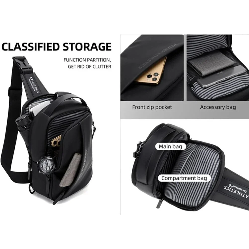 💫 Men Black Crossbody Bag Sling Waterproof USB Charging Port Headphone Backpack